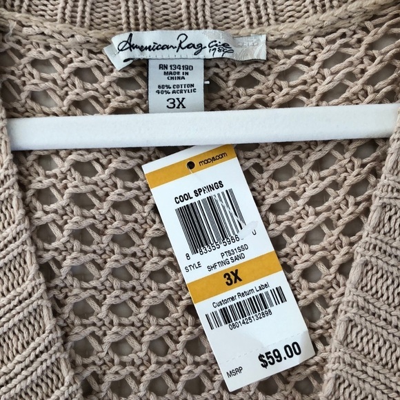 American Rag Open Knit Sweater Tan Cotton 3/4 Sleeve Scoop Neck Size 3X NWT - Picture 7 of 10